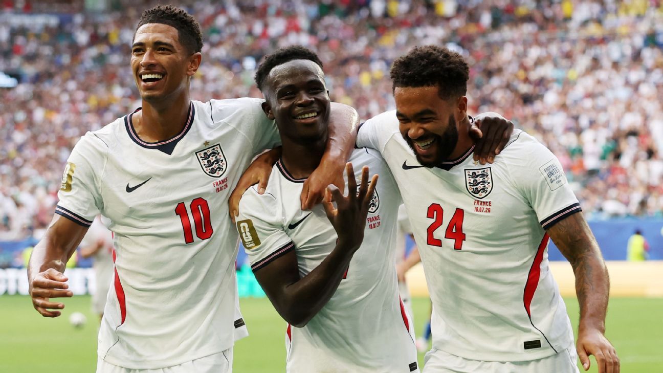 Saka hat trick carries England past France in 10-goal World Cup playoff